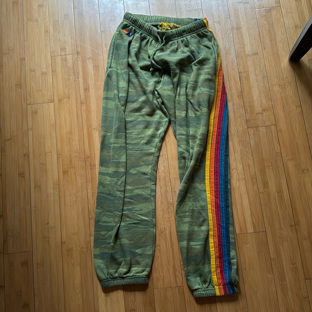 Aviator Nation Olive Camo Track Pants with Rainbow Side Stripes